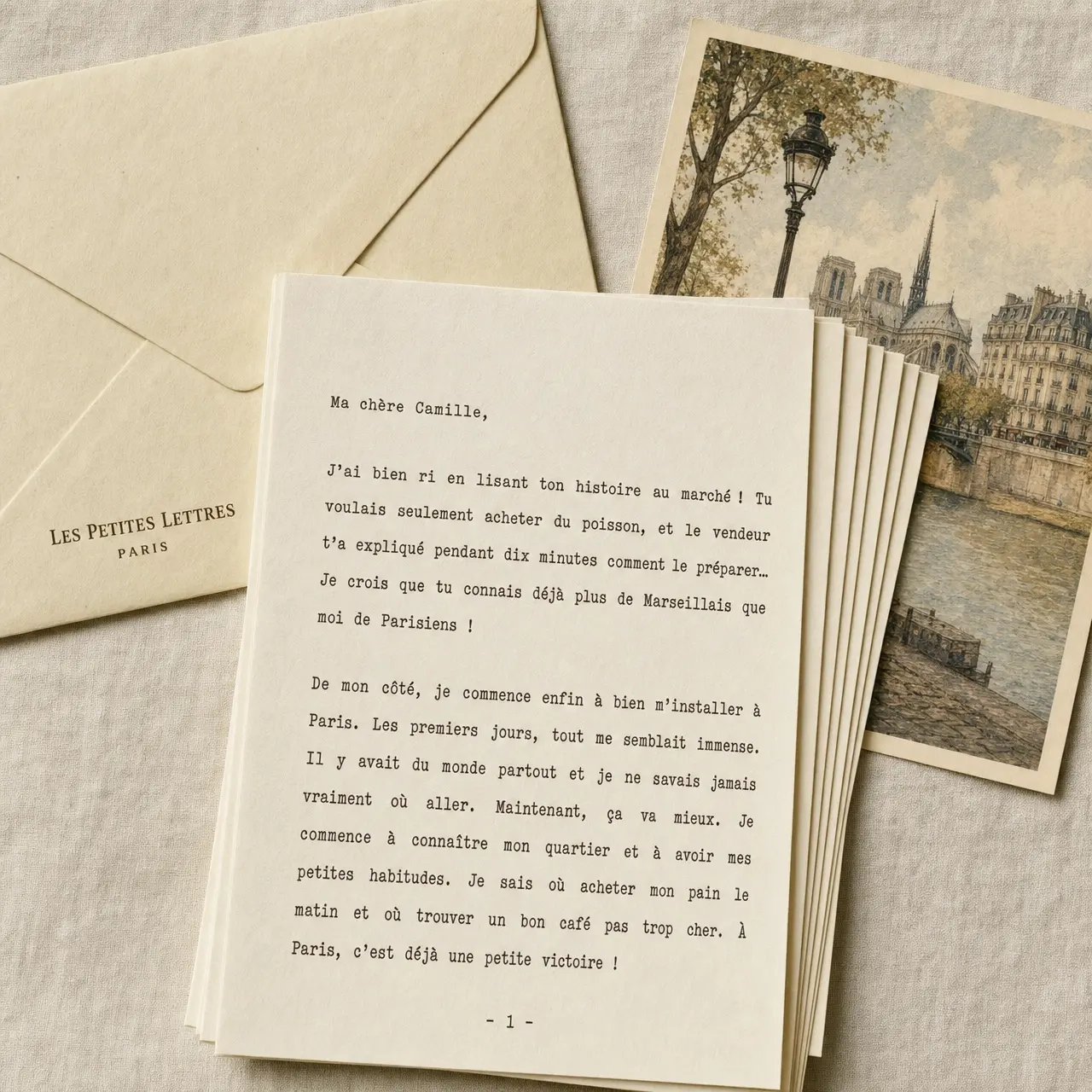 An envelope, a stack of typed French letter pages and an illustrated art card of a Paris riverside