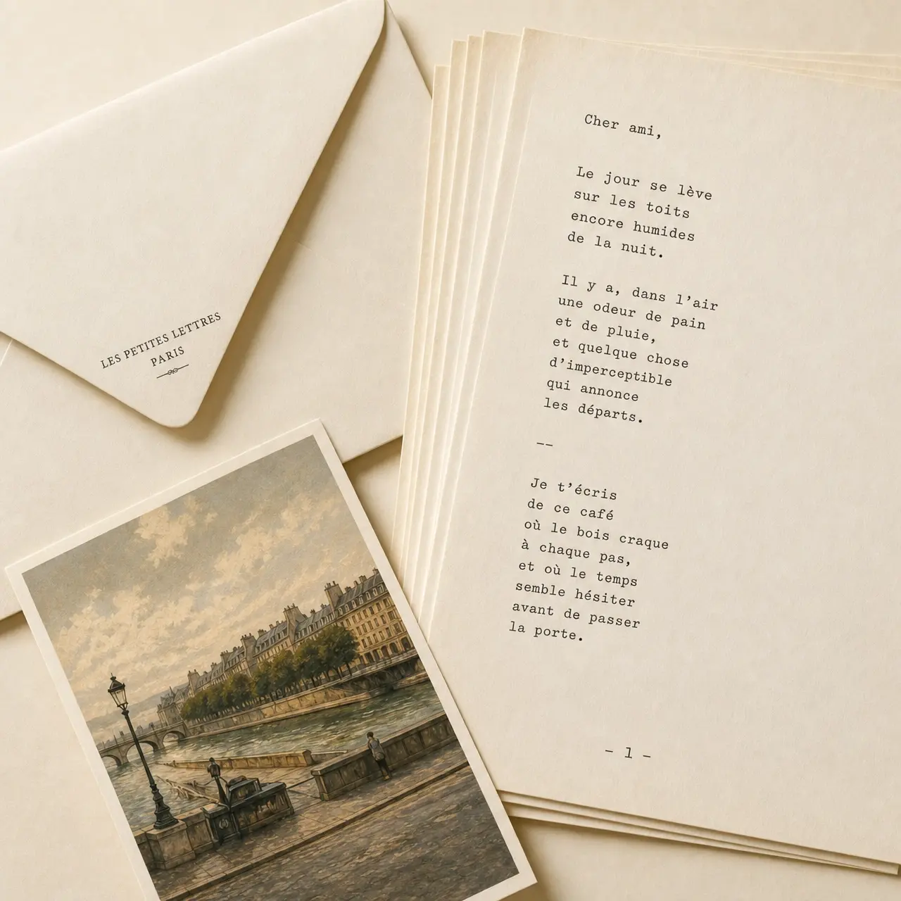 An envelope, a stack of typed French letter pages and an illustrated art card of a Paris riverside