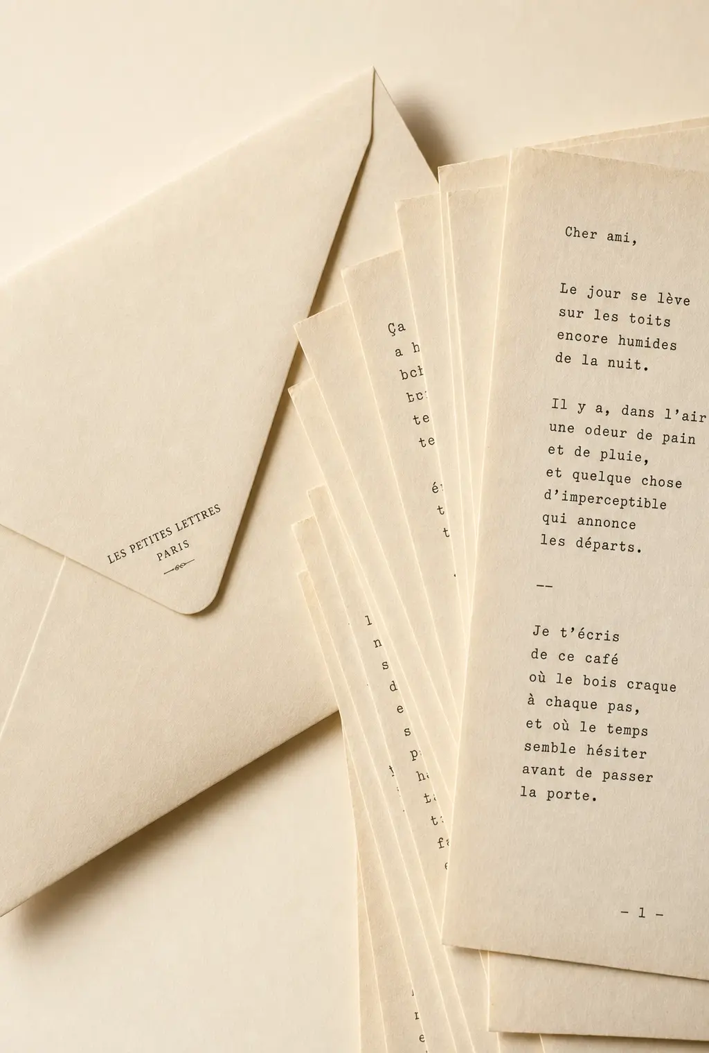 A cream envelope beside a fanned stack of typed French letter pages
